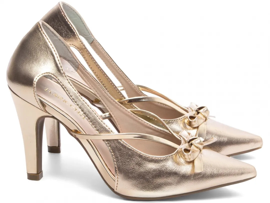 Sapato Scarpin Dourado e Ouro Light com Laço Salto 9cm