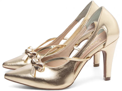 Sapato Scarpin Dourado e Ouro Light com Laço Salto 9cm