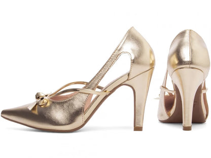 Sapato Scarpin Dourado e Ouro Light com Laço Salto 9cm