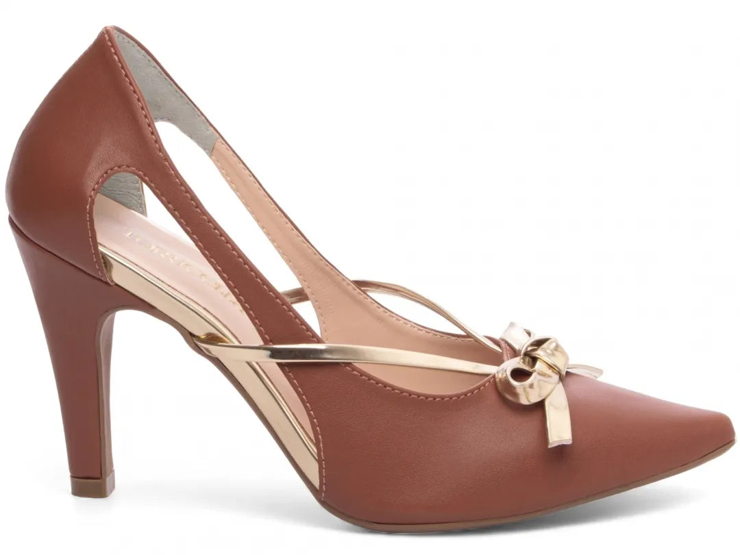 Sapato Scarpin Caramelo e Ouro Light com Laço Salto 9cm