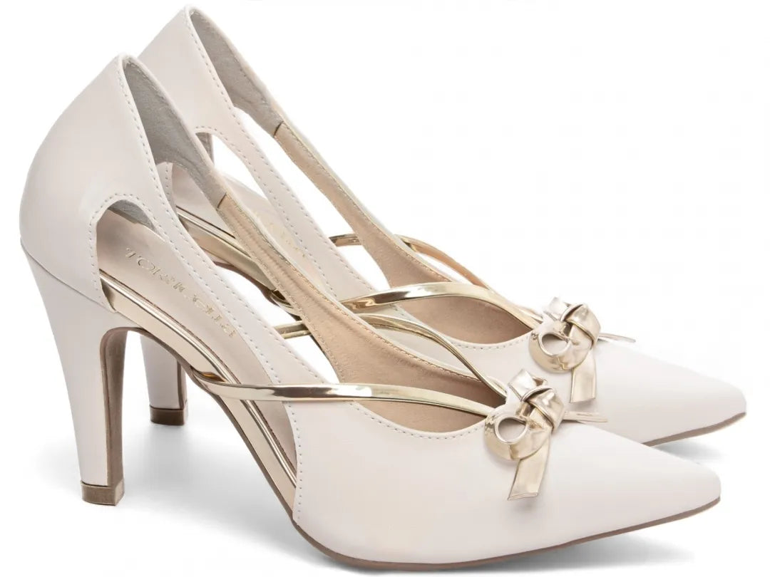 Sapato Scarpin Off White e Ouro Light com Laço Salto 9cm