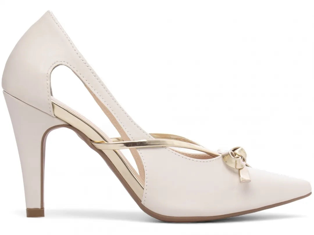 Sapato Scarpin Off White e Ouro Light com Laço Salto 9cm