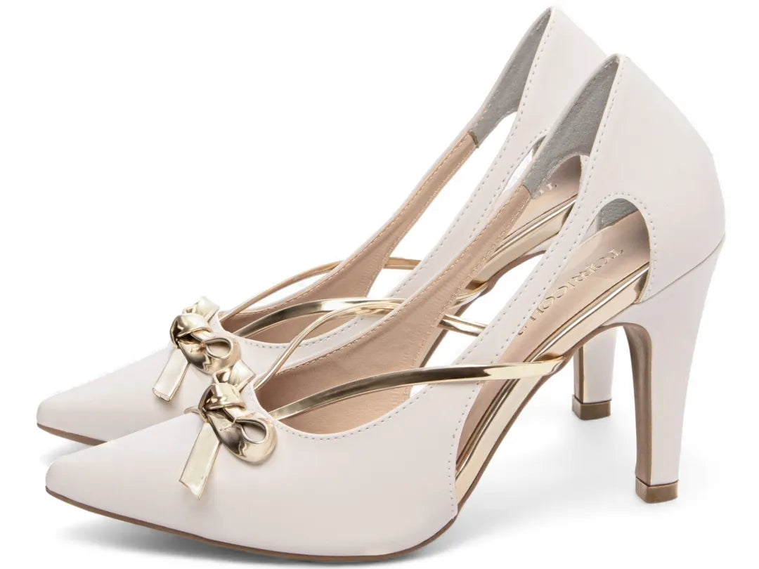 Sapato Scarpin Off White e Ouro Light com Laço Salto 9cm