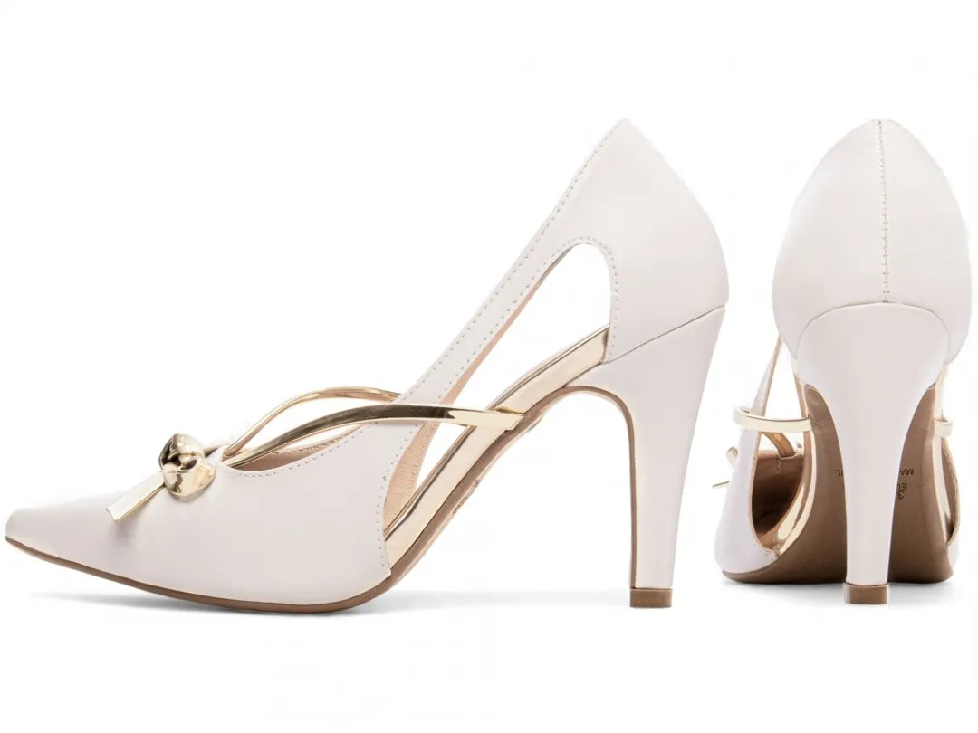 Sapato Scarpin Off White e Ouro Light com Laço Salto 9cm