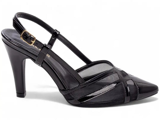 Scarpin Salto Fino Verniz Preto com Tela e Fivela Dourada