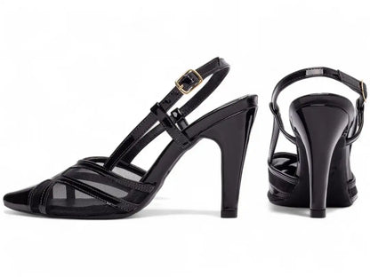 Scarpin Salto Fino Verniz Preto com Tela e Fivela Dourada