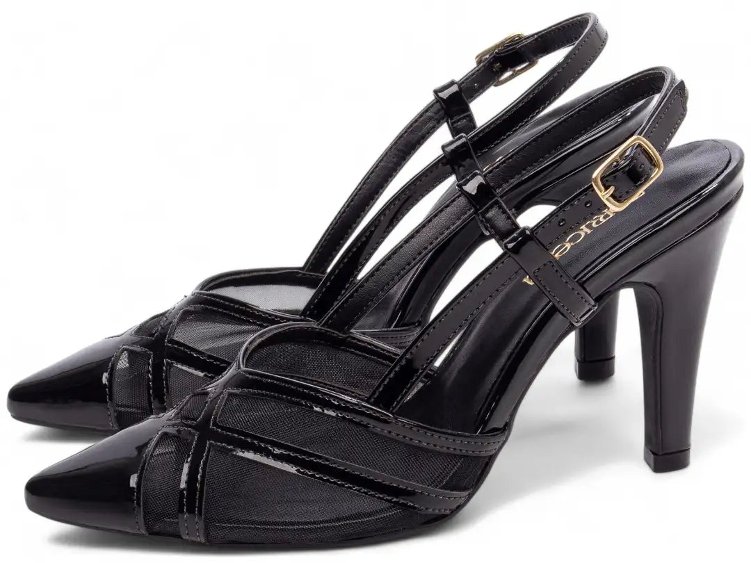 Scarpin Salto Fino Verniz Preto com Tela e Fivela Dourada