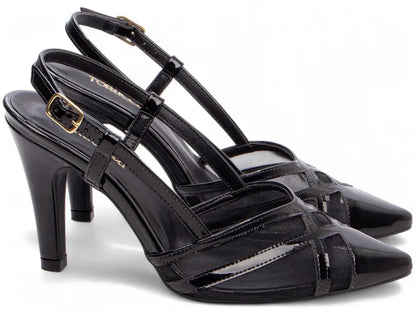 Scarpin Salto Fino Verniz Preto com Tela e Fivela Dourada