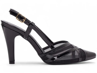 Scarpin Salto Fino Verniz Preto com Tela e Fivela Dourada