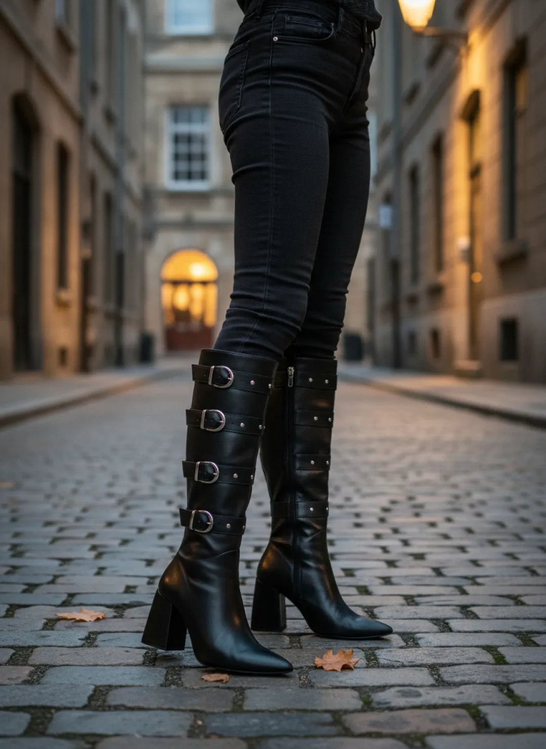 Bota Bico Fino Napa Preto com Fivelas Prata