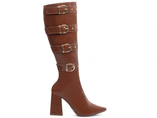 Bota Bico Fino Napa Caramelo com Fivelas Ouro