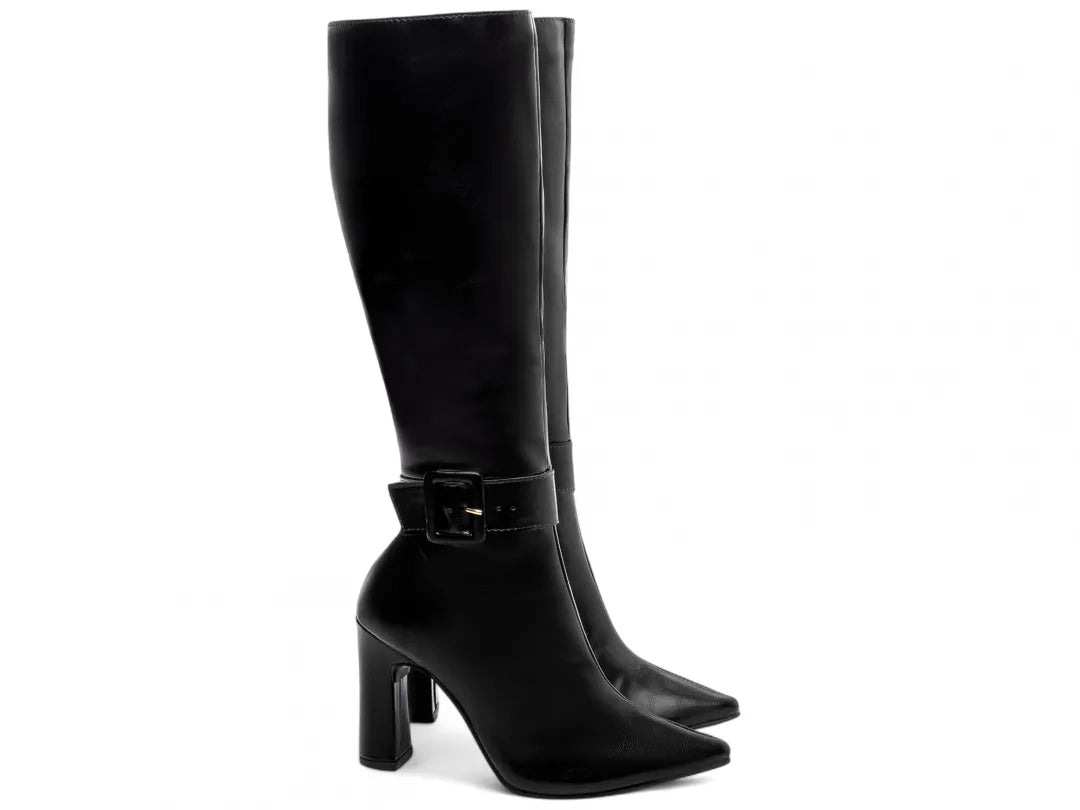 Bota Feminina Salto 9cm Cano Longo e Bico Fino Preta