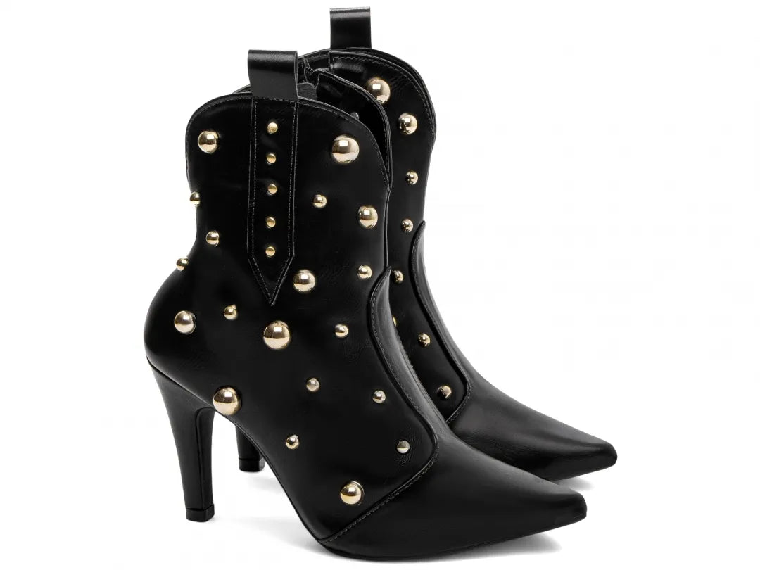 Bota Bico Fino Napa Preto com Apliques Dourados