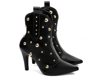 Bota Bico Fino Napa Preto com Apliques Dourados