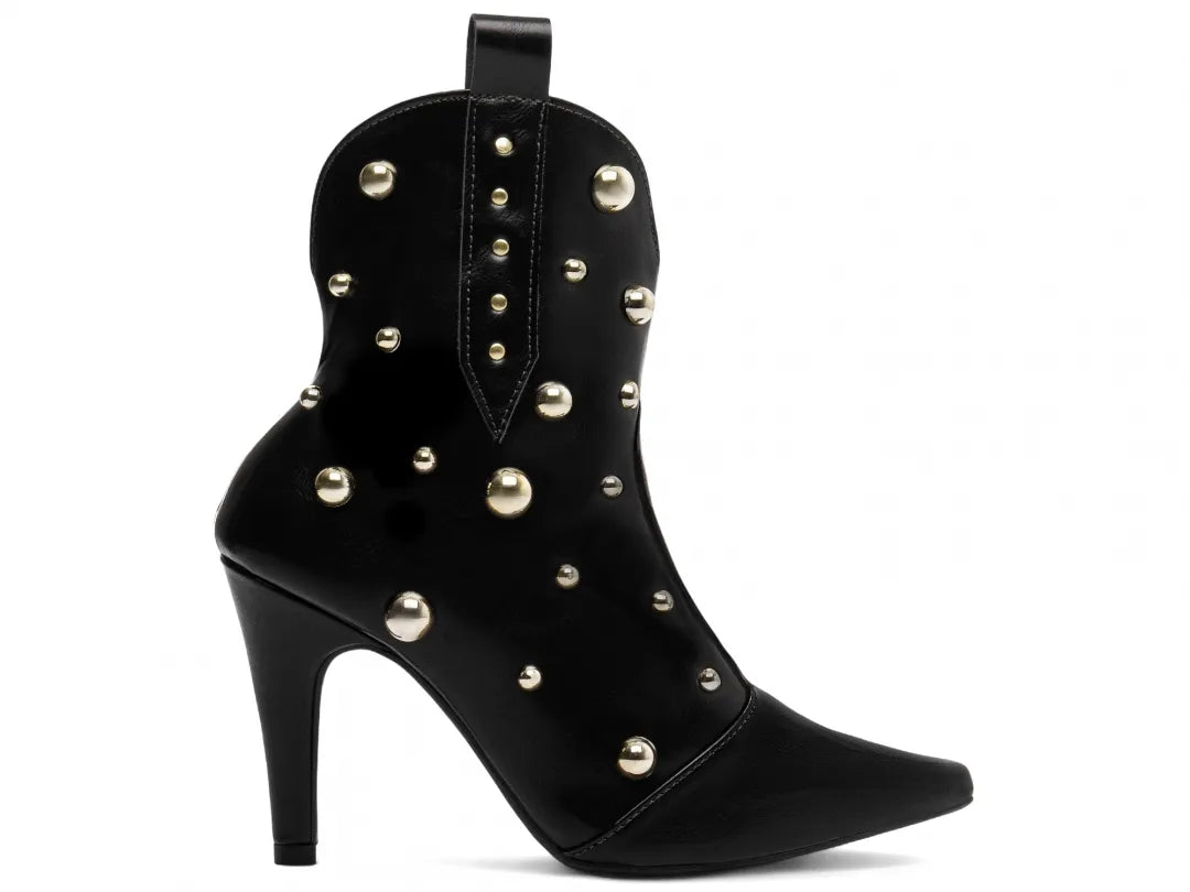 Bota Bico Fino Napa Preto com Apliques Dourados