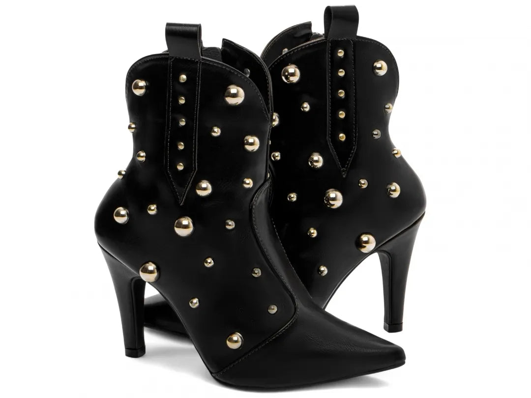 Bota Bico Fino Napa Preto com Apliques Dourados