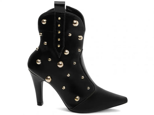 Bota Bico Fino Napa Preto com Apliques Dourados