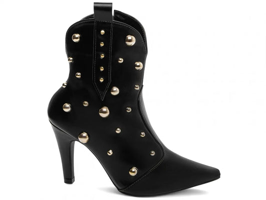 Bota Bico Fino Napa Preto com Apliques Dourados