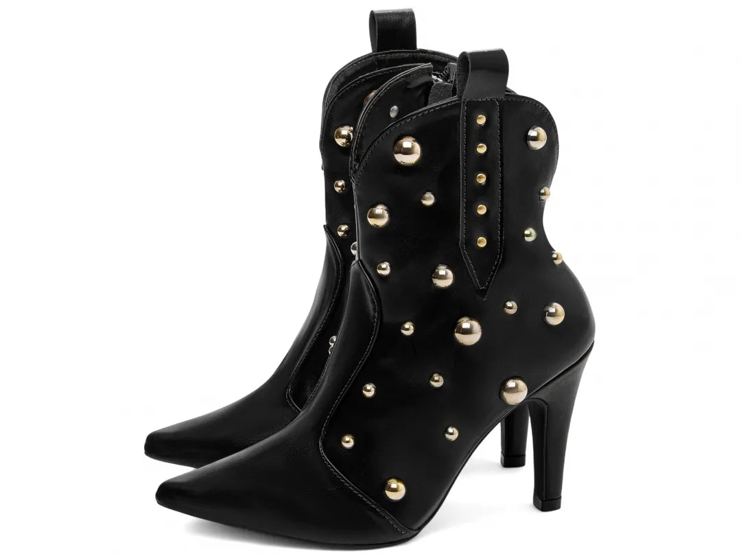 Bota Bico Fino Napa Preto com Apliques Dourados