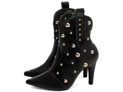 Bota Bico Fino Napa Preto com Apliques Dourados