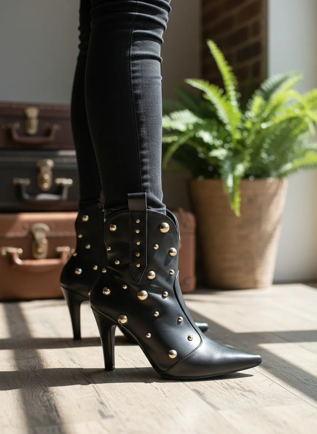 Bota Bico Fino Napa Preto com Apliques Dourados