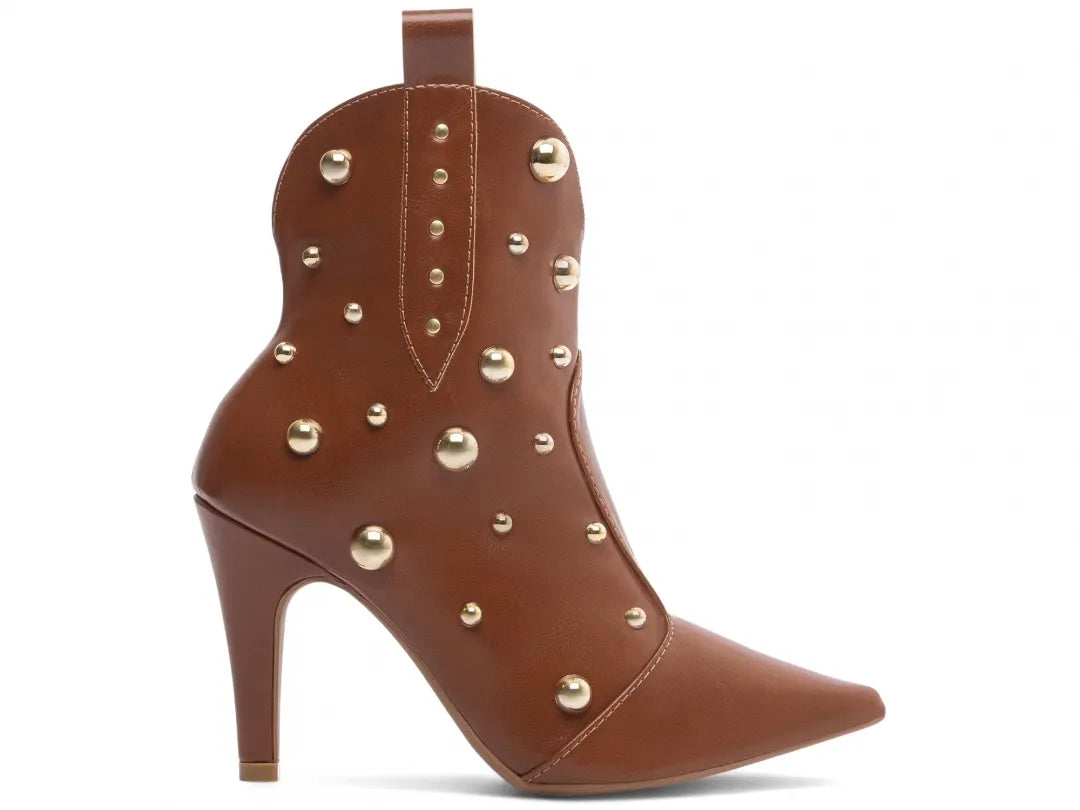 Bota Bico Fino Napa Caramelo com Apliques Dourados