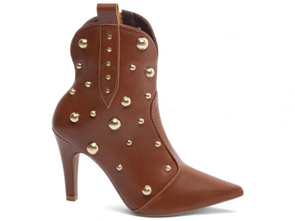 Bota Bico Fino Napa Caramelo com Apliques Dourados