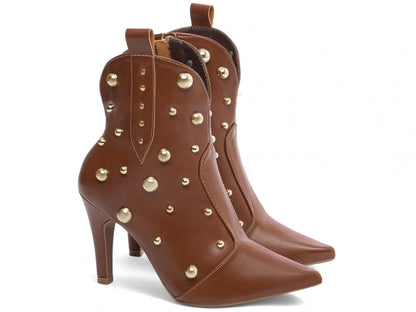 Bota Bico Fino Napa Caramelo com Apliques Dourados