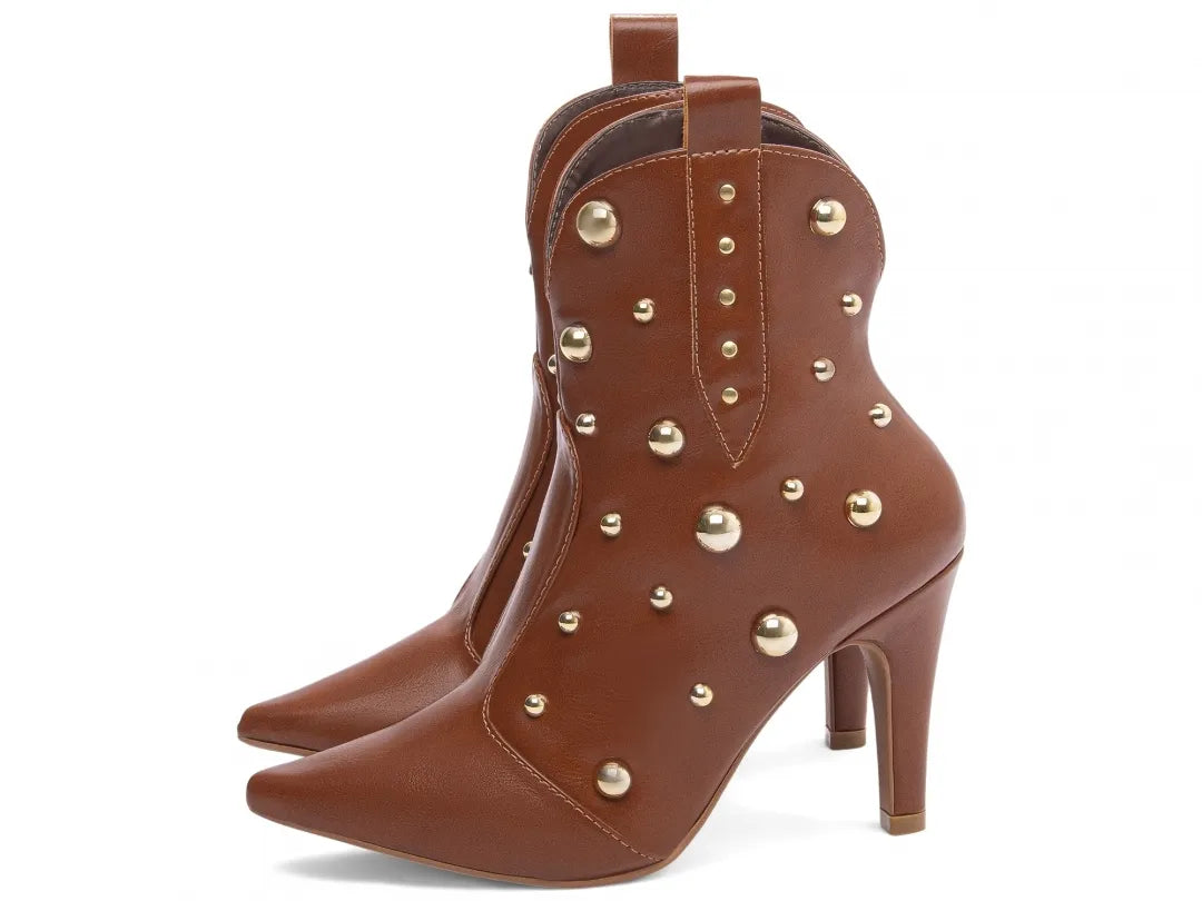 Bota Bico Fino Napa Caramelo com Apliques Dourados