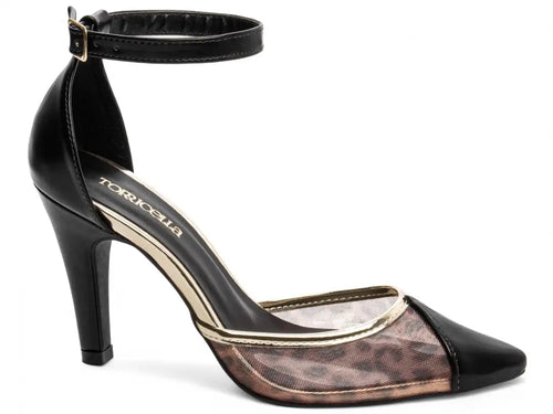 Scarpin Salto Fino Napa Preto com Metalizado Ouro Light e Tela Onça