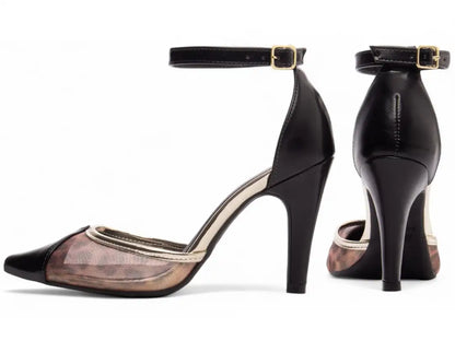 Scarpin Salto Fino Napa Preto com Metalizado Ouro Light e Tela Onça