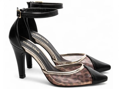 Scarpin Salto Fino Napa Preto com Metalizado Ouro Light e Tela Onça
