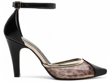 Scarpin Salto Fino Napa Preto com Metalizado Ouro Light e Tela Onça