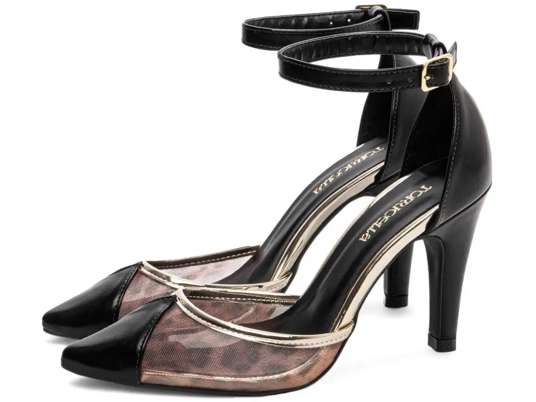 Scarpin Salto Fino Napa Preto com Metalizado Ouro Light e Tela Onça