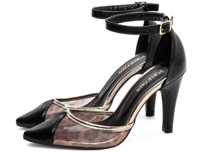 Scarpin Salto Fino Napa Preto com Metalizado Ouro Light e Tela Onça