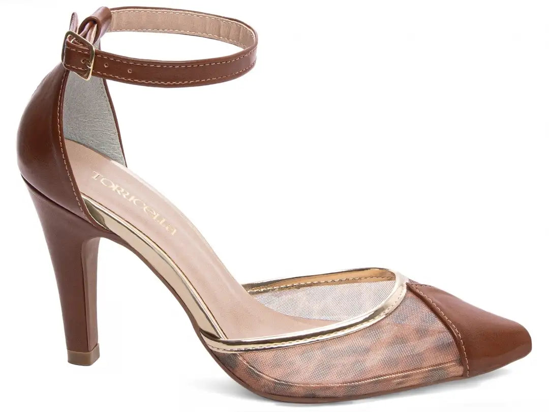 Scarpin Salto Fino Caramelo com Tela Onça e Detalhes Dourados