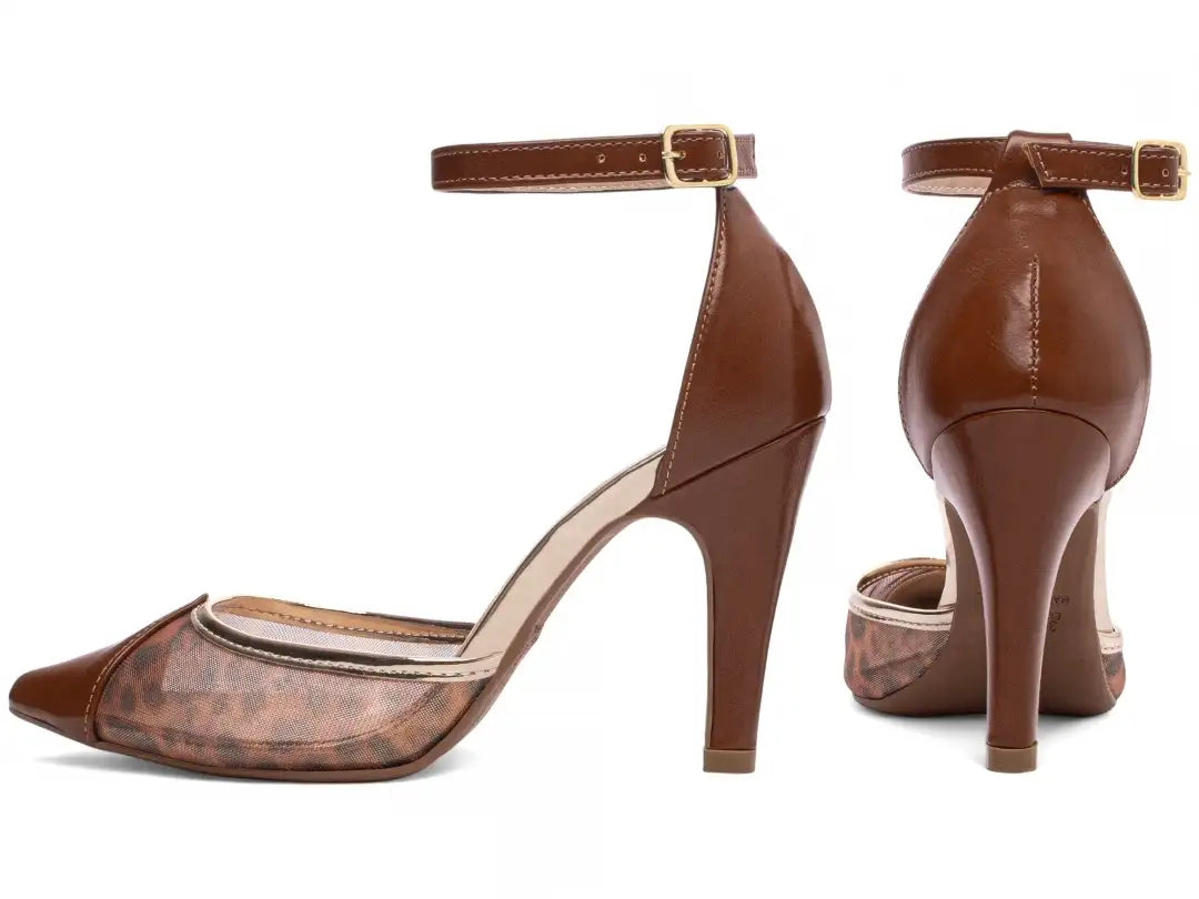 Scarpin Salto Fino Caramelo com Tela Onça e Detalhes Dourados