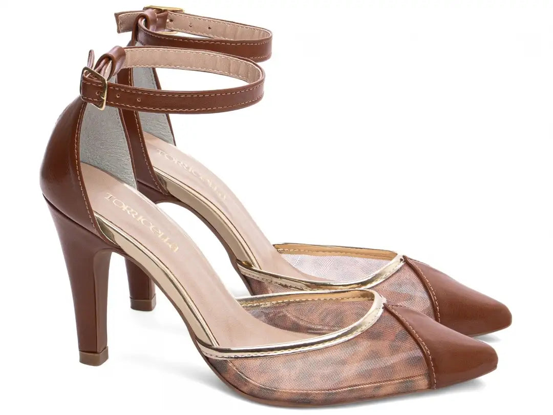 Scarpin Salto Fino Caramelo com Tela Onça e Detalhes Dourados