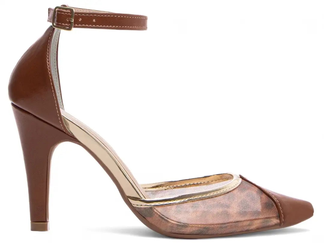 Scarpin Salto Fino Caramelo com Tela Onça e Detalhes Dourados