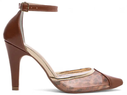 Scarpin Salto Fino Caramelo com Tela Onça e Detalhes Dourados