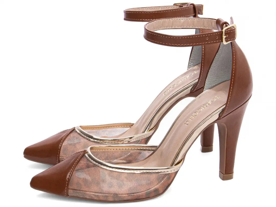 Scarpin Salto Fino Caramelo com Tela Onça e Detalhes Dourados