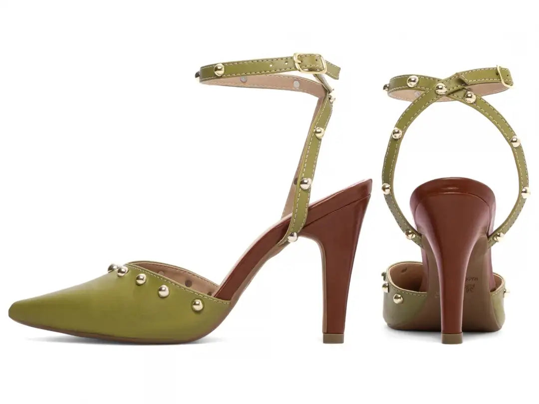 Scarpin Salto Fino Verde com Detalhes Caramelo e Dourado