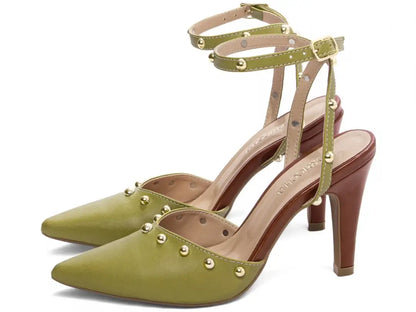 Scarpin Salto Fino Verde com Detalhes Caramelo e Dourado