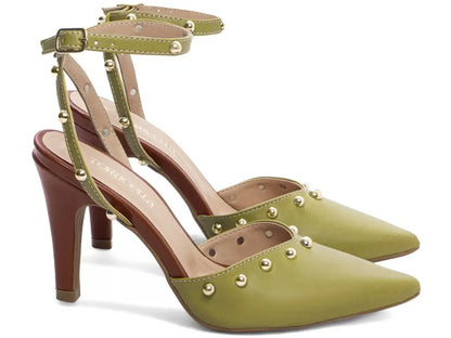 Scarpin Salto Fino Verde com Detalhes Caramelo e Dourado