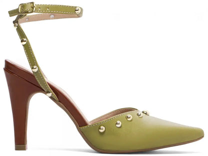 Scarpin Salto Fino Verde com Detalhes Caramelo e Dourado