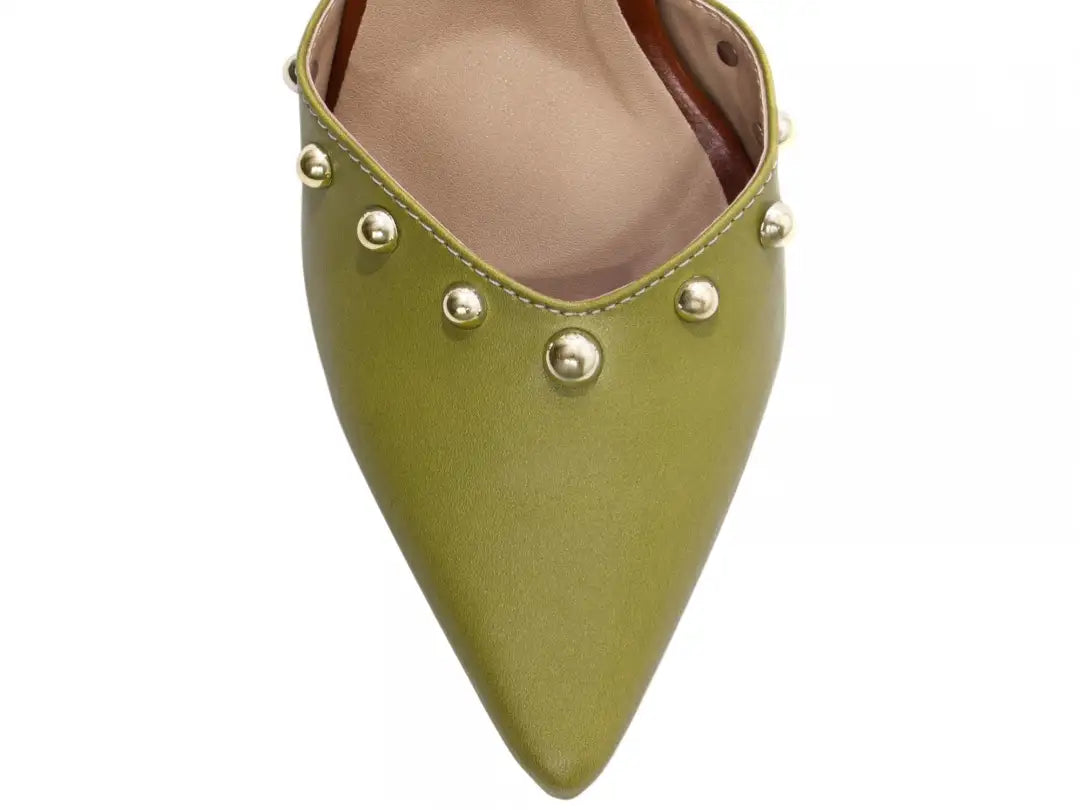 Scarpin Salto Fino Verde com Detalhes Caramelo e Dourado