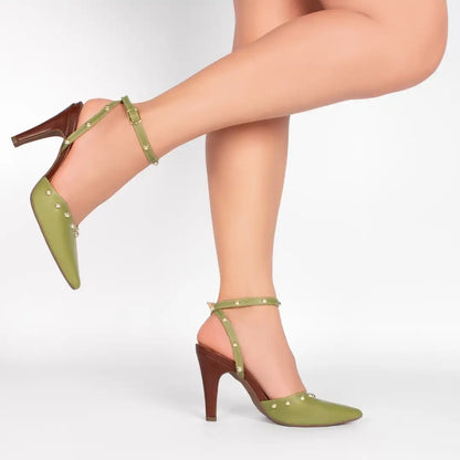 Scarpin Salto Fino Verde com Detalhes Caramelo e Dourado