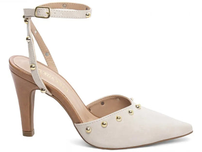 Scarpin Salto Fino Off White com Detalhes Bege e Dourado 9 cm