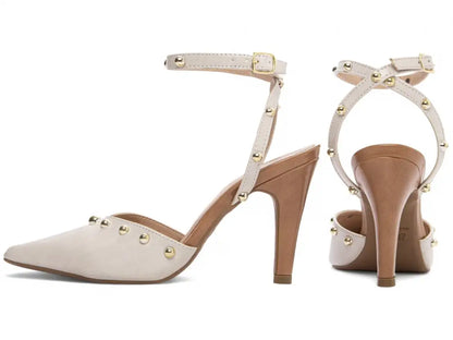 Scarpin Salto Fino Off White com Detalhes Bege e Dourado 9 cm