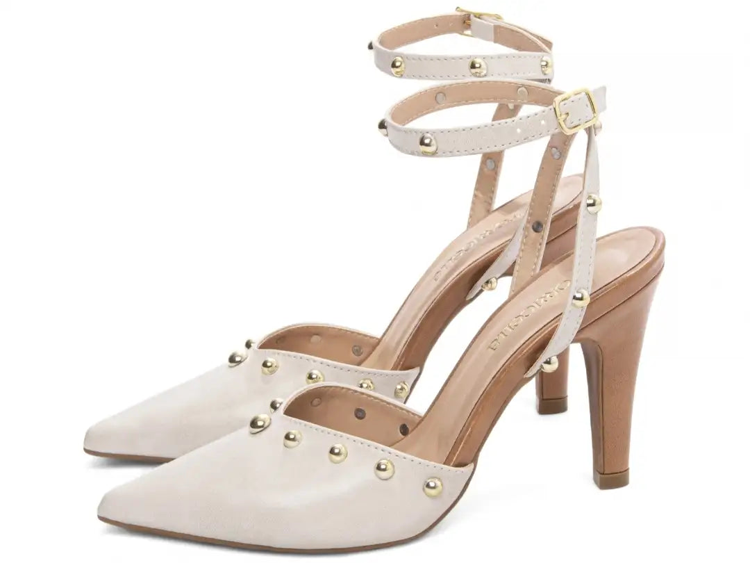Scarpin Salto Fino Off White com Detalhes Bege e Dourado 9 cm